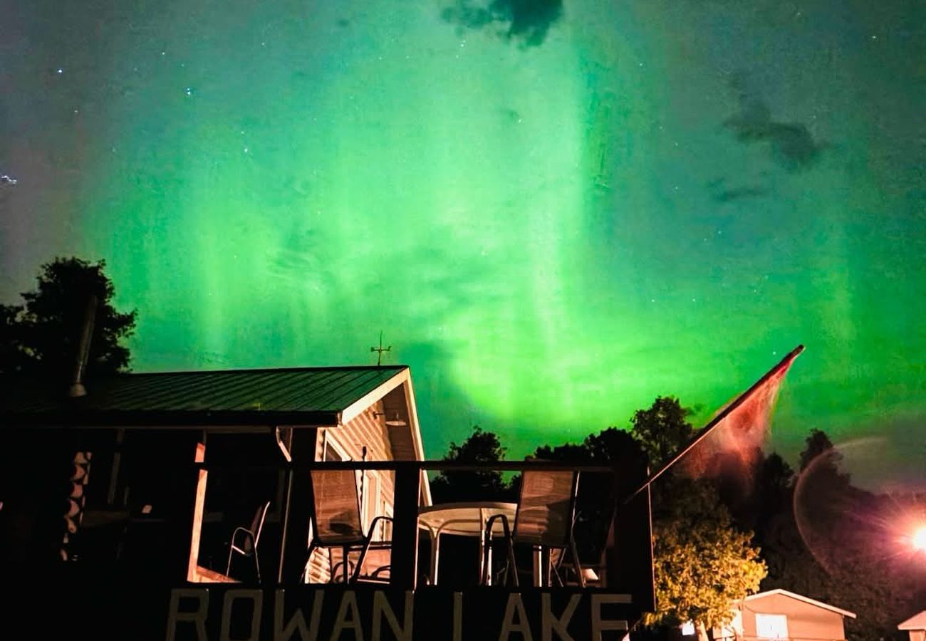Northern lights over the lodge at Rowan Lake